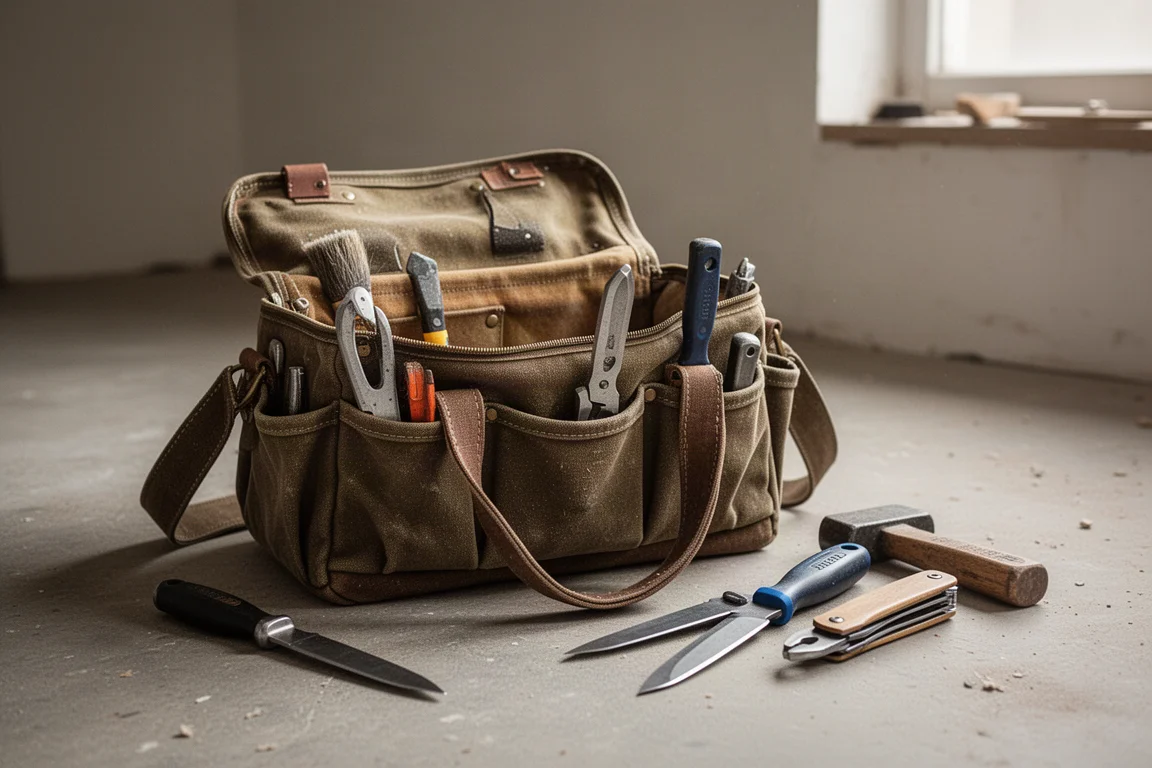 Bolsa de herramientas abierta con herramientas de mano dispuestas sobre el suelo de un taller