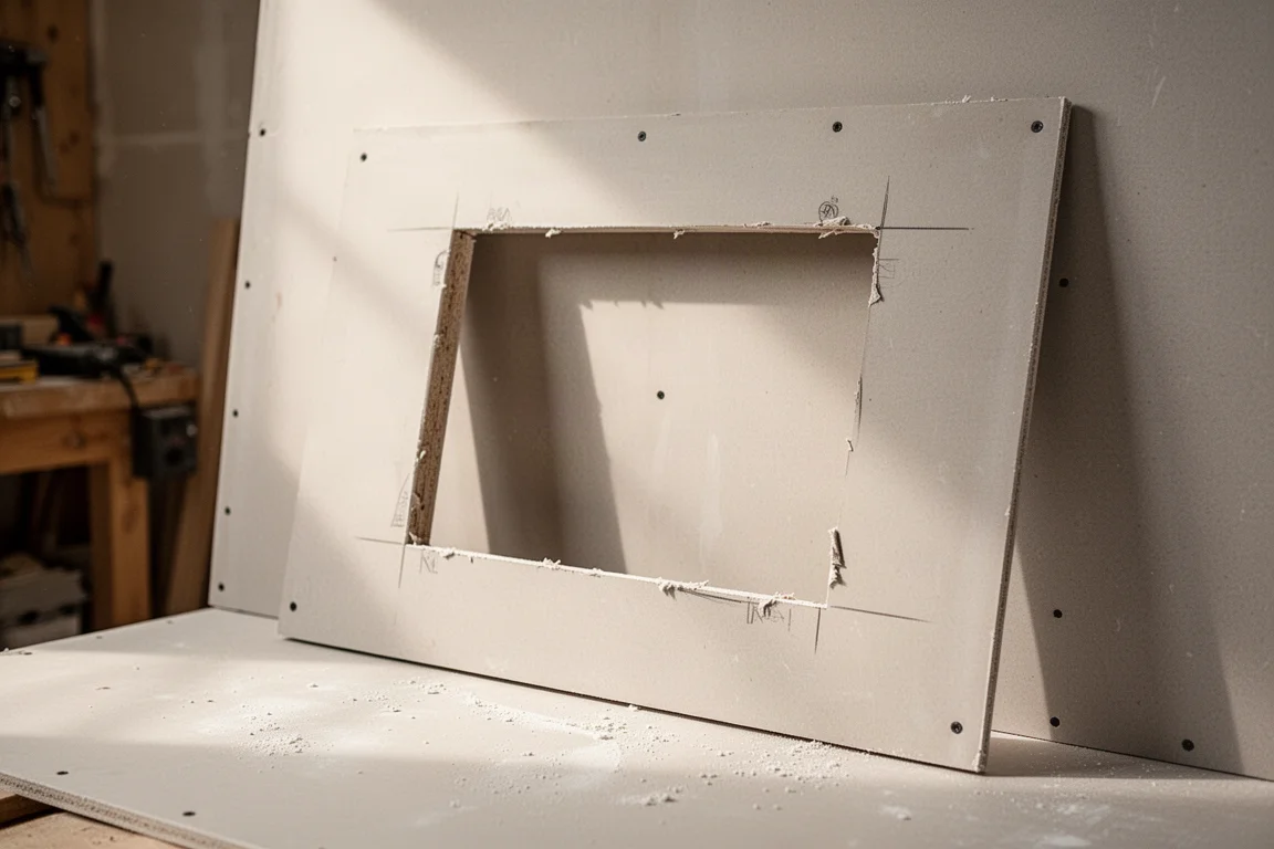 Placa de pladur con una abertura rectangular recién cortada