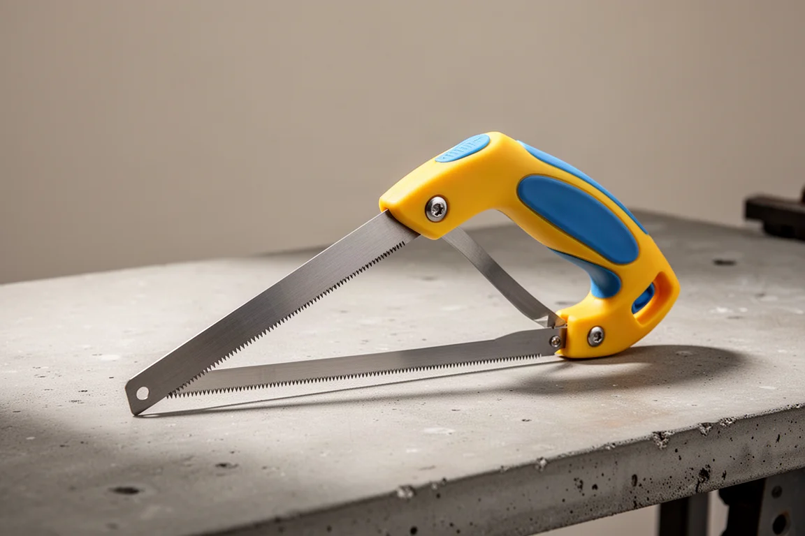 Folding jab saw with yellow and blue handle open on a concrete workbench