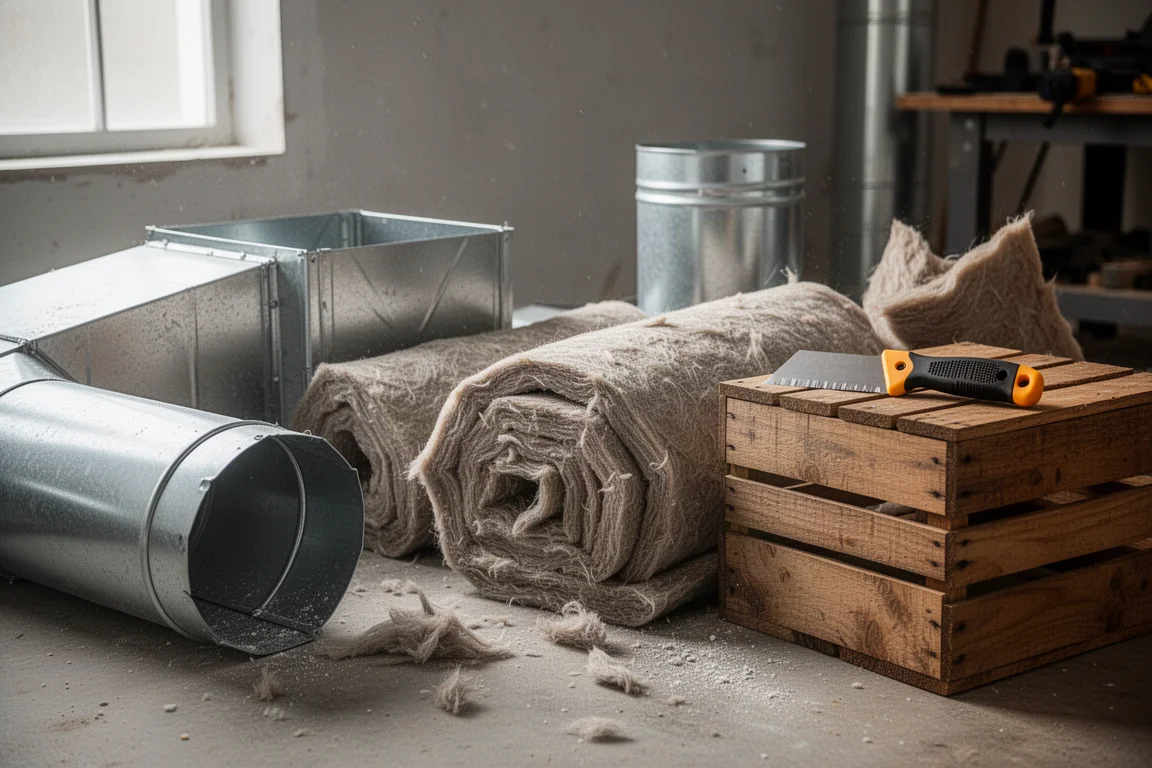 未仕上げのダクト空間内で進行中のダクトナイフと断熱工事