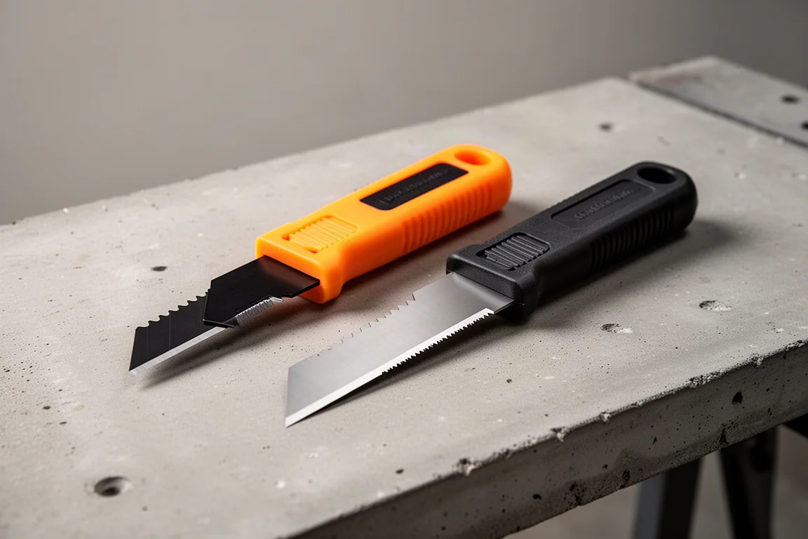 Two double-edged duct knives side by side on a concrete workbench