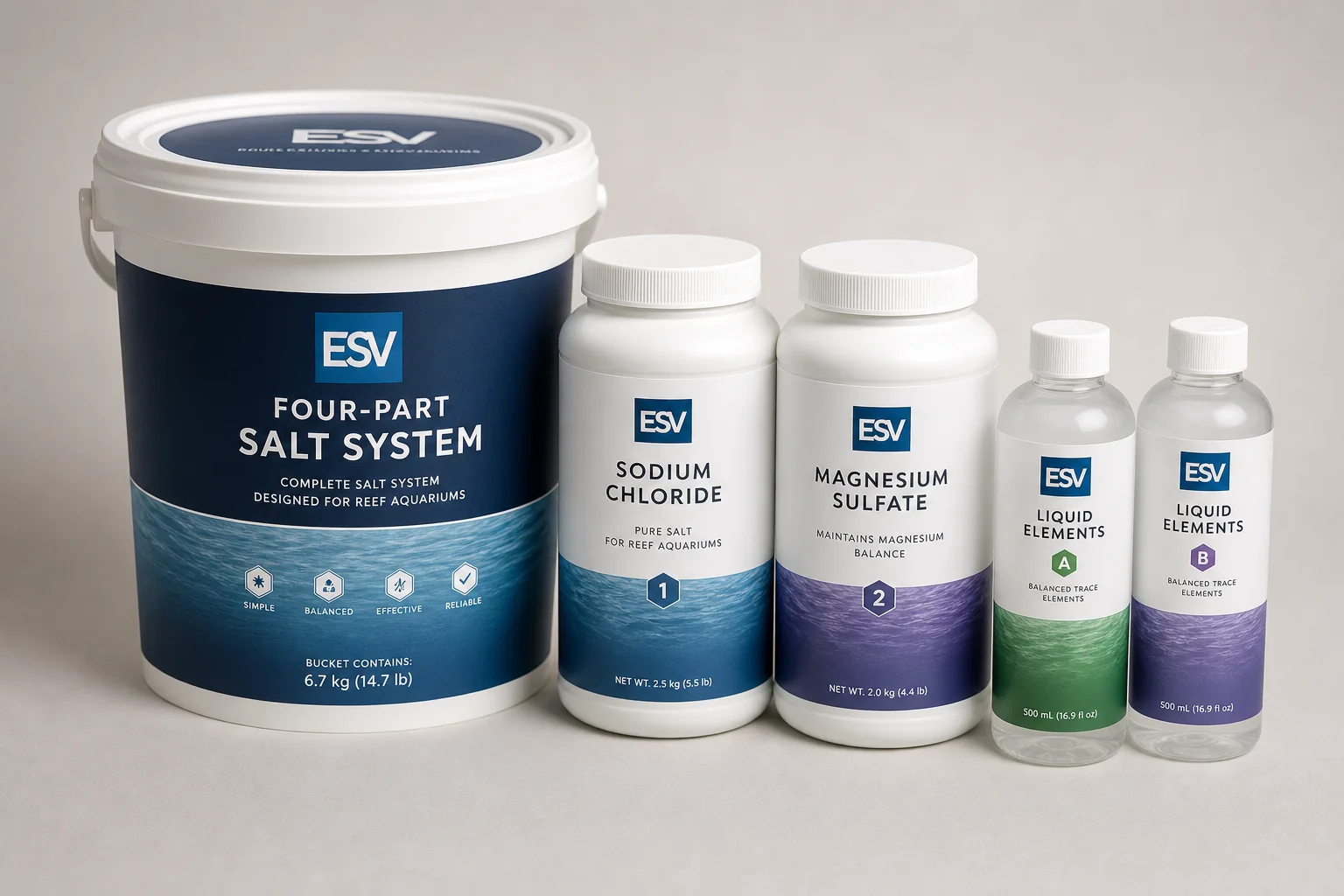 Six aquarium salt mix products arranged on neutral backdrop