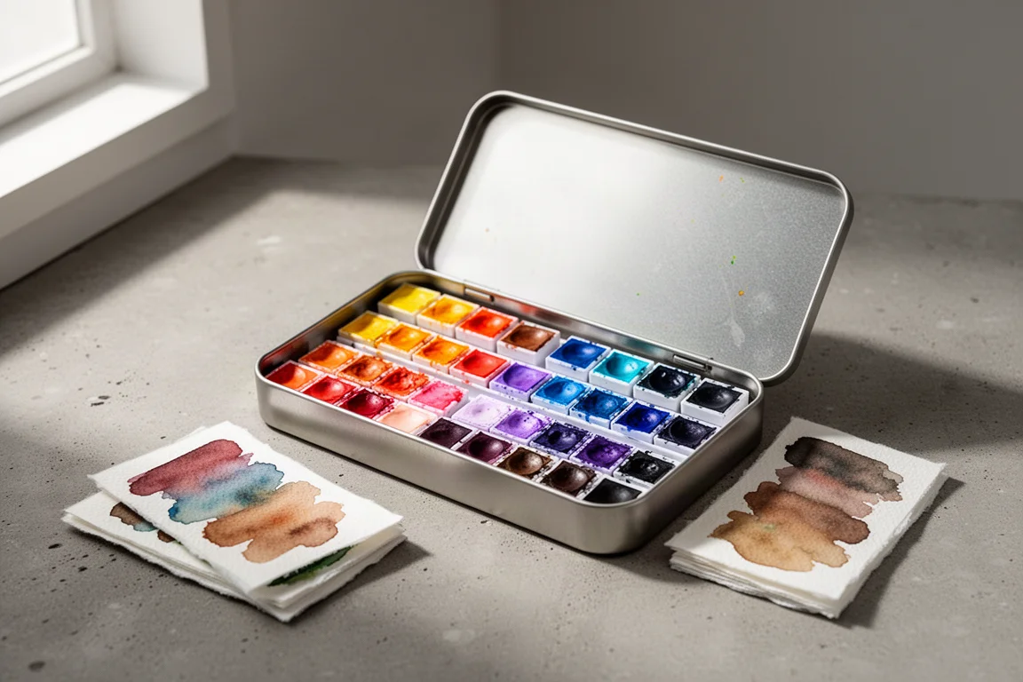 Geöffnetes Metall-Aquarellkasten mit 24 farbigen Half Pans neben einer Swatch-Karte aus Baumwollpapier