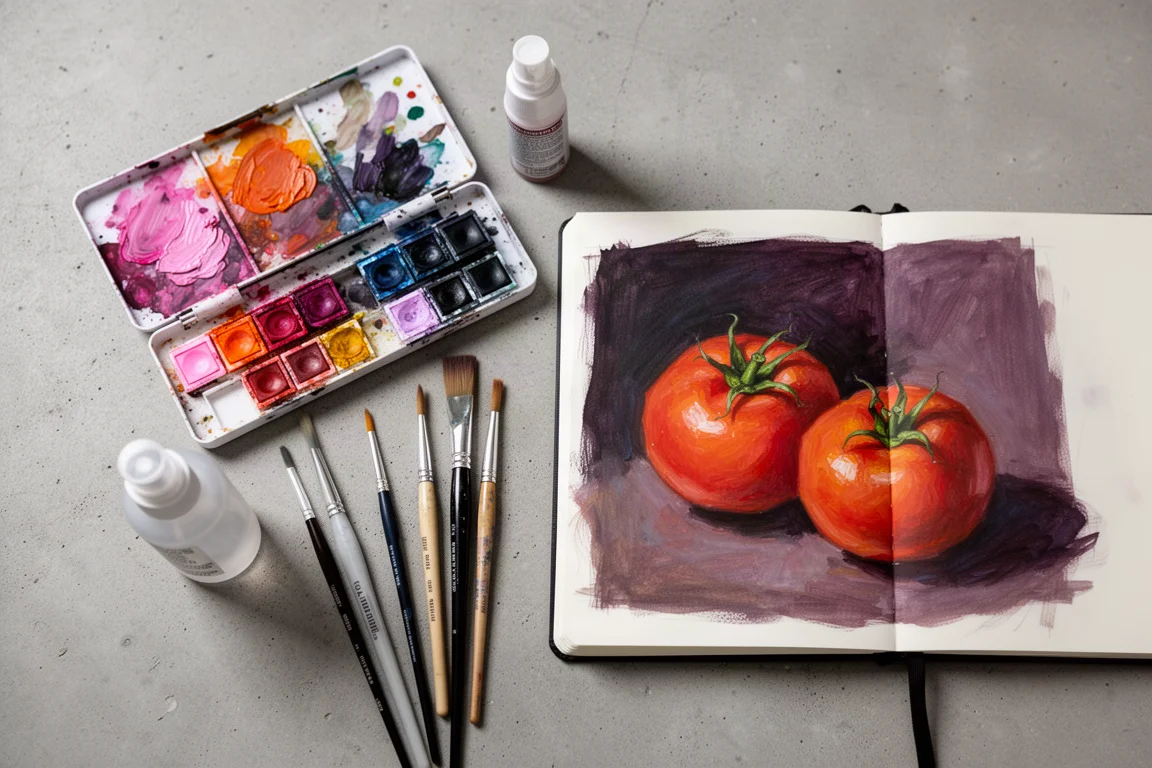 Bureau van een kunstenaar met gouachepalet, penselen en een stilleven van tomaten