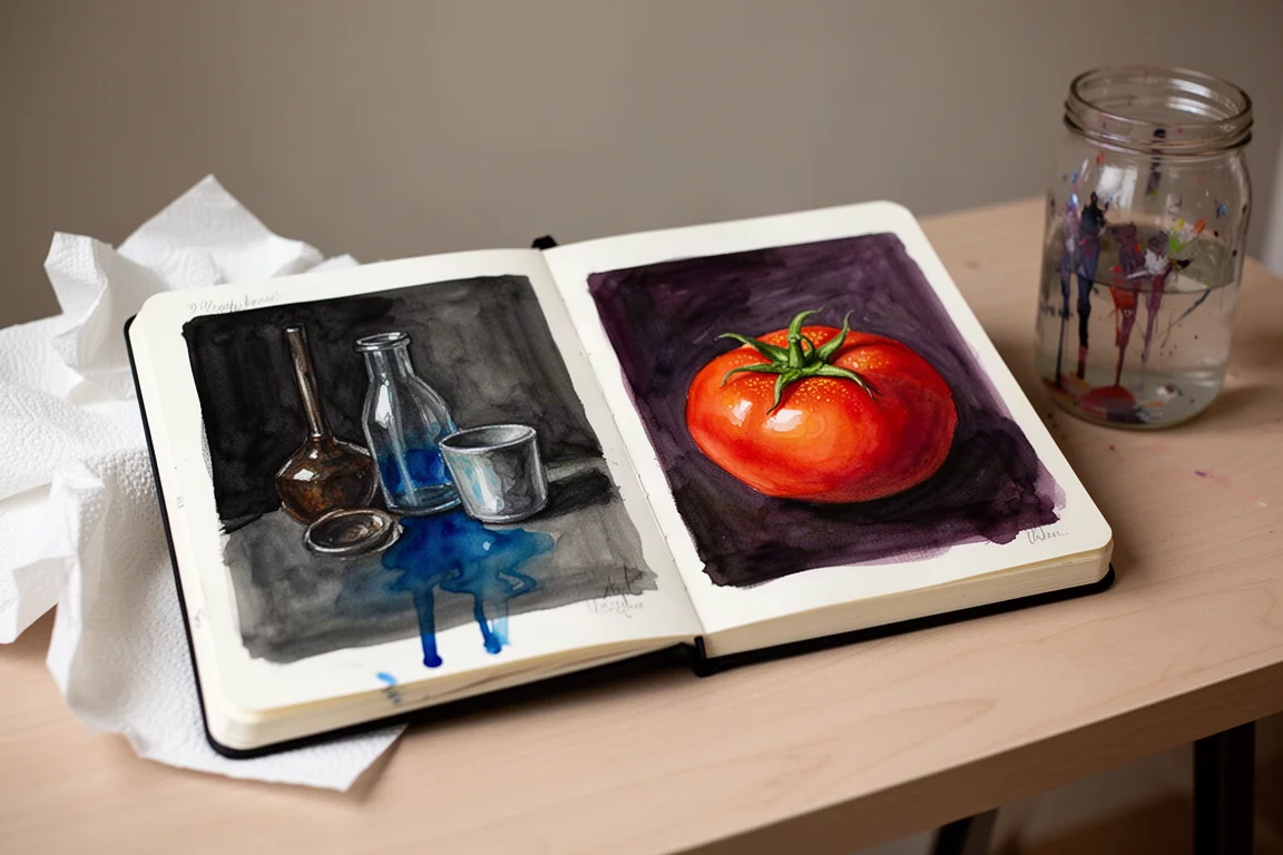Afgeronde gouache-spread in het schetsboek met felle kleuren, openliggend drogend