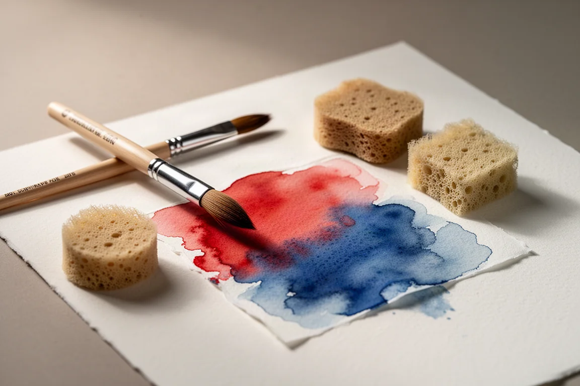 Czysty pędzel z wodą i naturalna gąbka zmywające pigment z wyschniętego płuknięcia akwarelowego