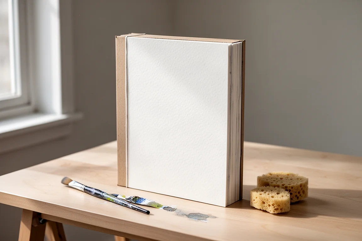 Etchr Cold Press Aquarellblock auf hellem Holzschreibtisch mit Pinsel und Schwamm