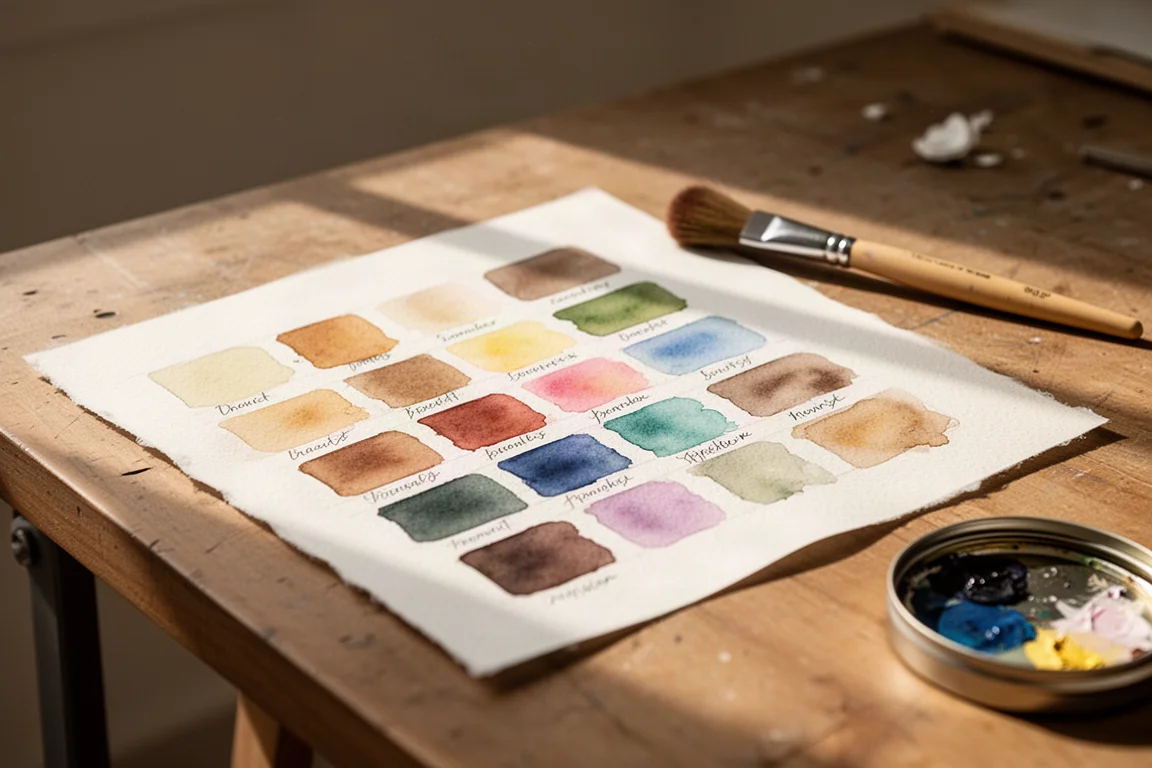 Artist swatching watercolour paints in a tin on a studio desk