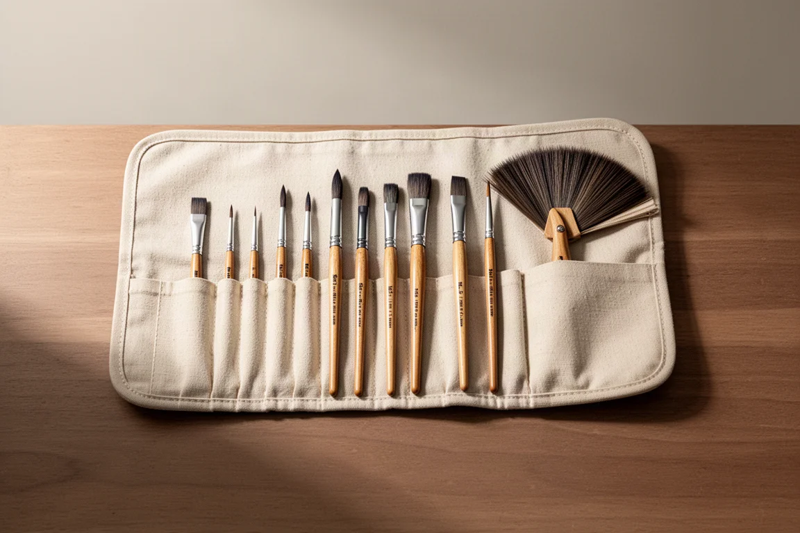 Watercolour brushes laid out in an open fabric roll