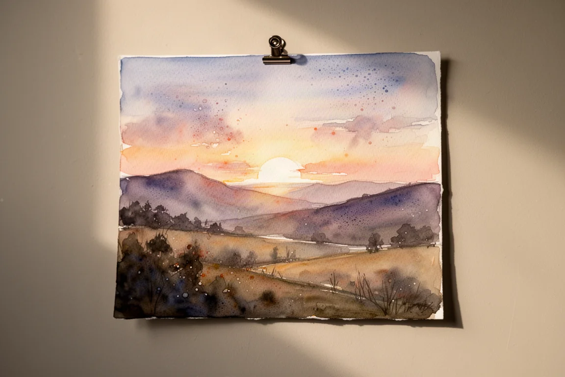 Finished watercolour landscape painting on a studio easel
