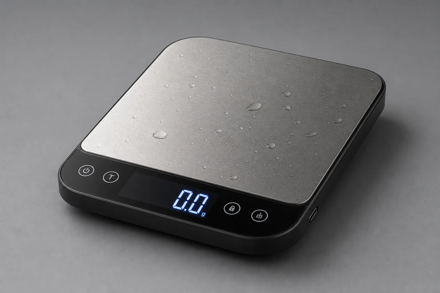 Seven kitchen scales arranged on concrete surface, ranging from budget to premium models