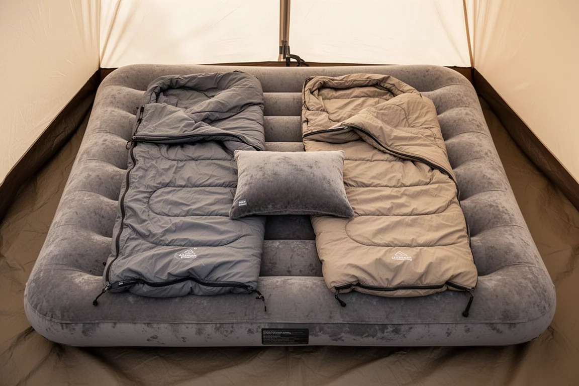Vista superior de un colchón de aire queen con dos sacos de dormir y una almohada dentro de una tienda