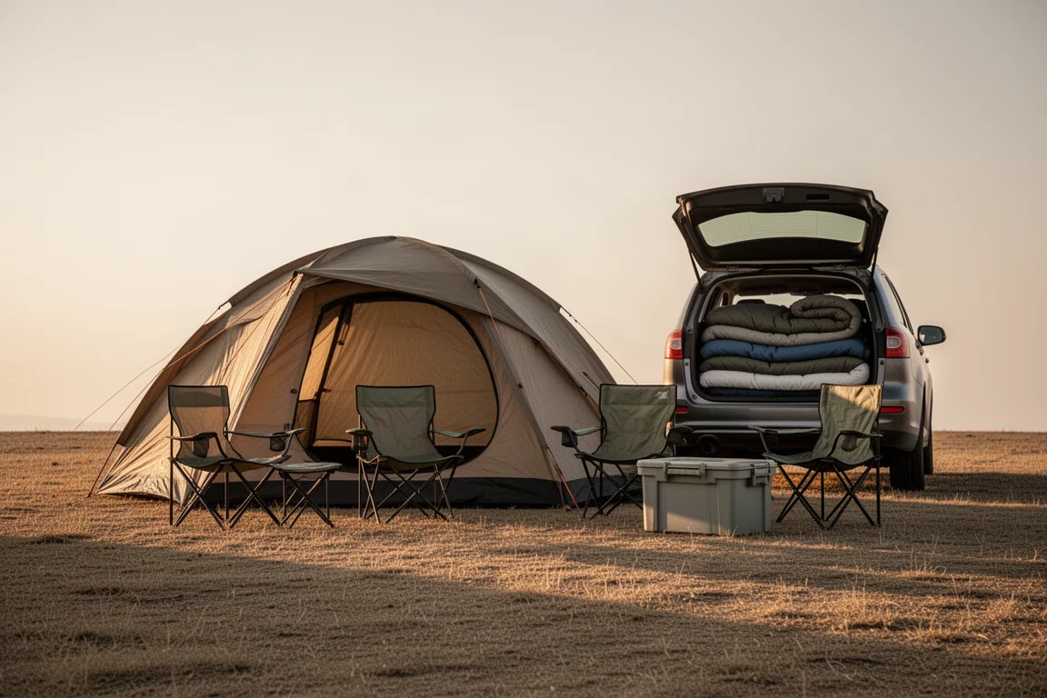 Zona de acampada en coche con una gran tienda cúpula, sillas de camping y equipo en luz cálida de atardecer