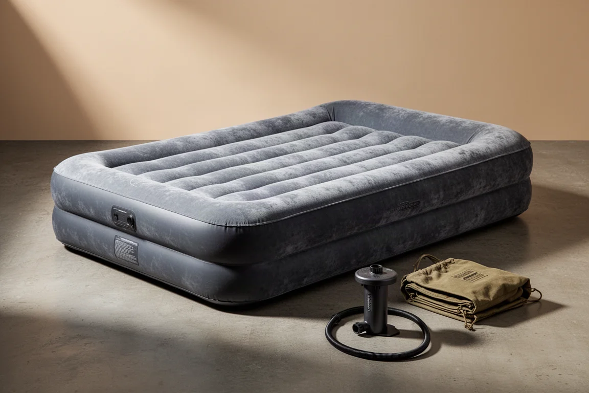 Queen-size inflatable camping air mattress with rechargeable pump and canvas storage sack