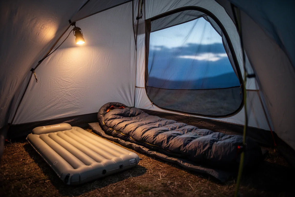 Tentinterieur in de schemering met een slanke slaapmat en slaapzak uitgelegd
