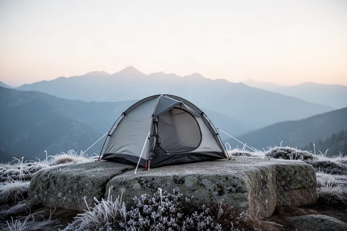 Backpacking tent op een ijzige granieten richel bij het eerste licht
