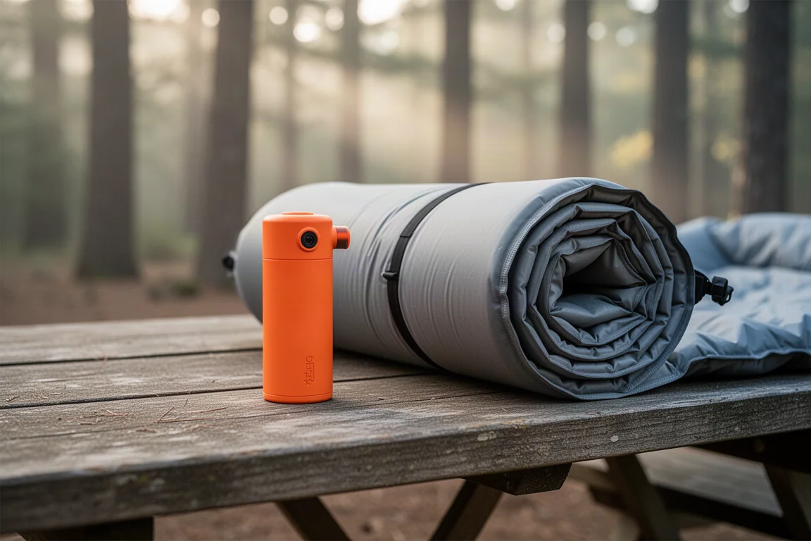 Compact orange mini air pump lying on a wooden camp table beside a deflated sleeping pad