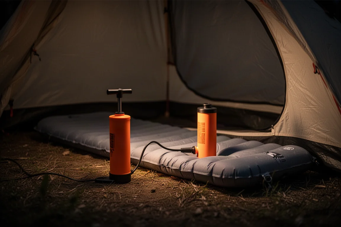 Mini air pump inflating a camping sleeping pad inside a dimly lit tent at night