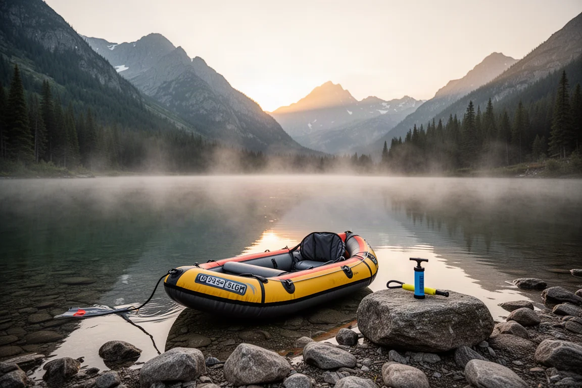 Packraft inflating on a rocky mountain lake shoreline at sunrise