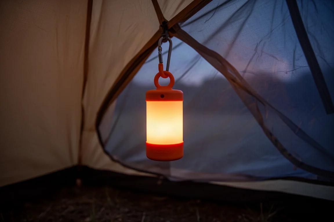 Mini air pump hanging inside a tent glowing softly as a camp light