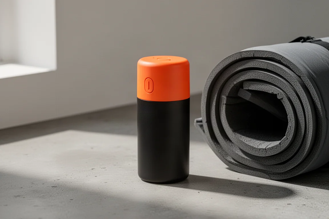 Compact orange mini air pump beside a rolled sleeping pad on concrete surface