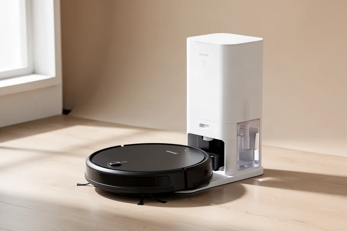 Eufy E35 robot vacuum docked in its white base station on a light wood floor