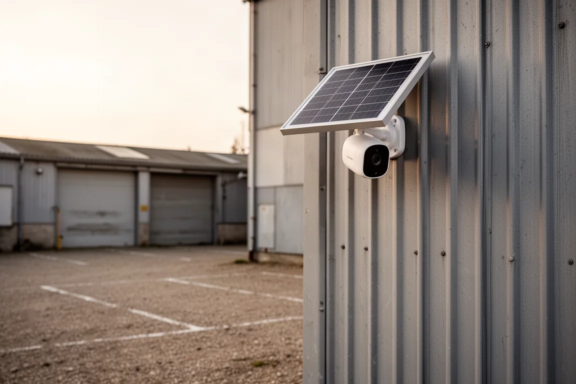 Kabellose Solar-Überwachungskamera hoch an einer Metallgebäudewand montiert mit Blick auf einen Parkplatz