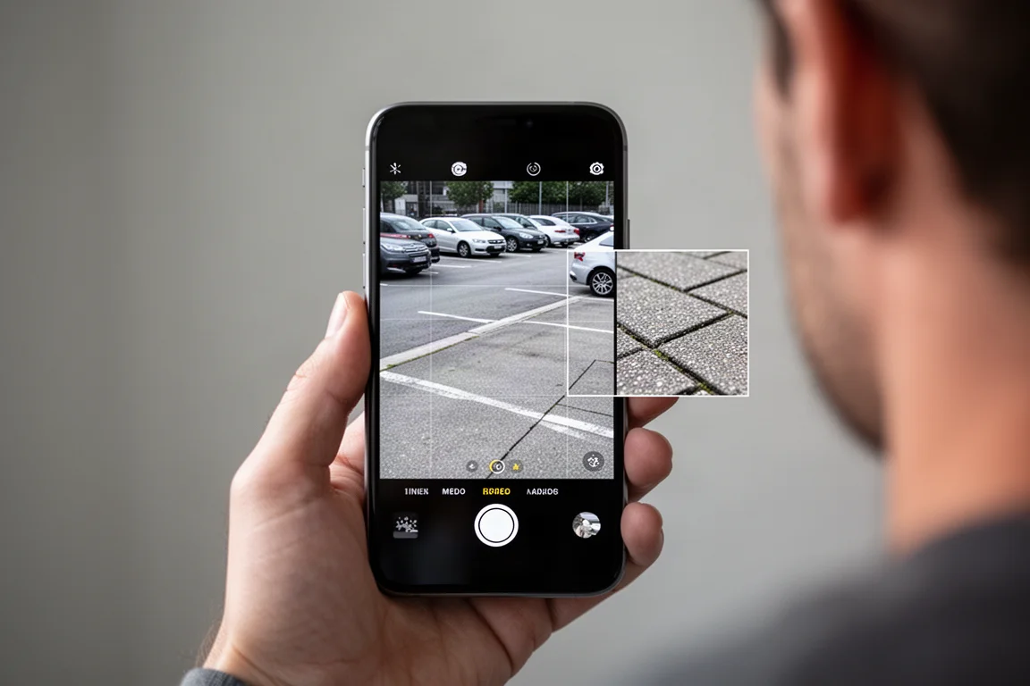 Smartphone-App zeigt eine scharfe 4K-Liveansicht eines Parkplatzes mit detailreichem Zoom