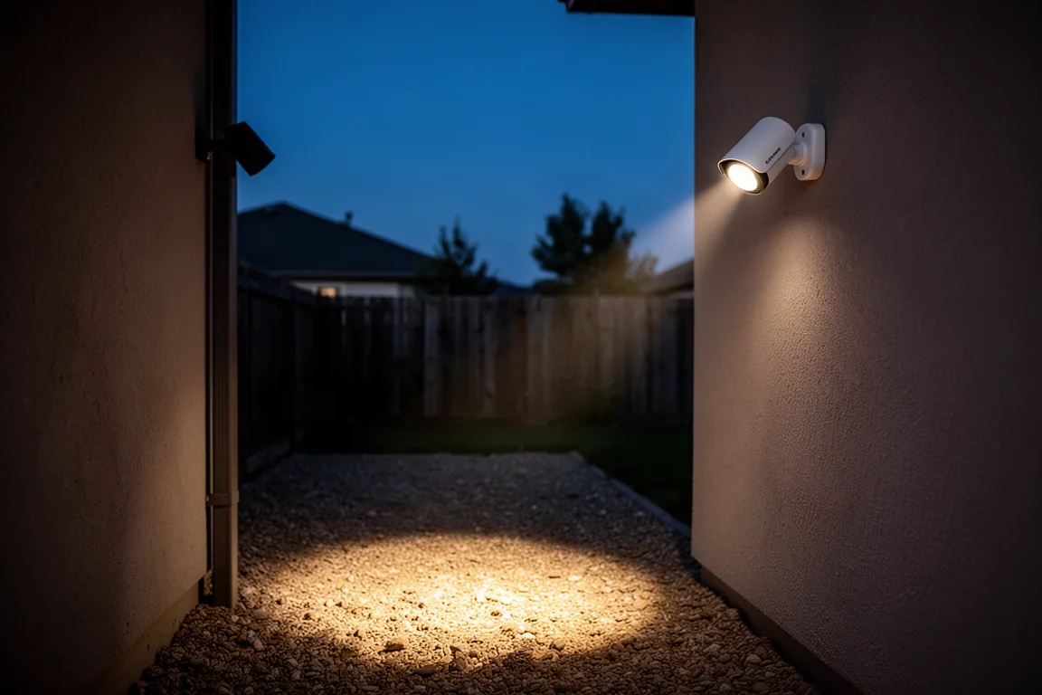 Nachtszene, in der das Spotlicht der Kamera einen dunklen Hof ausleuchtet