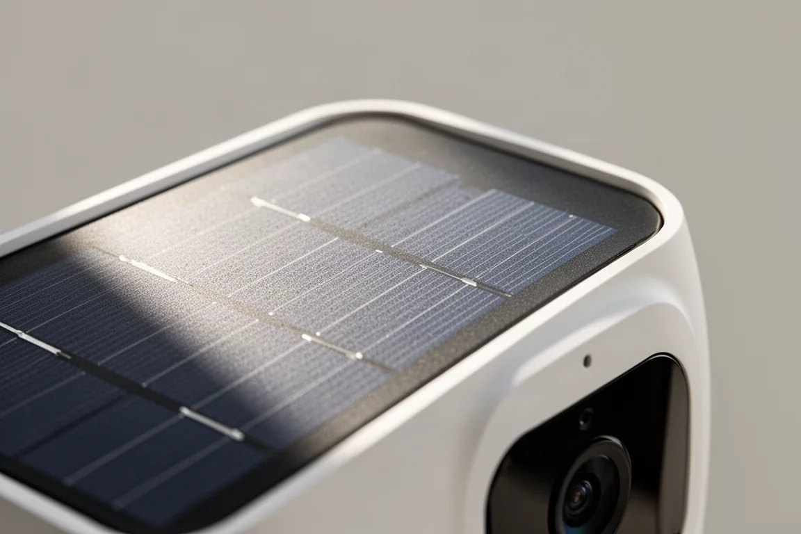 Solarpanel-Fläche fängt Tageslicht auf einer montierten Überwachungskamera ein