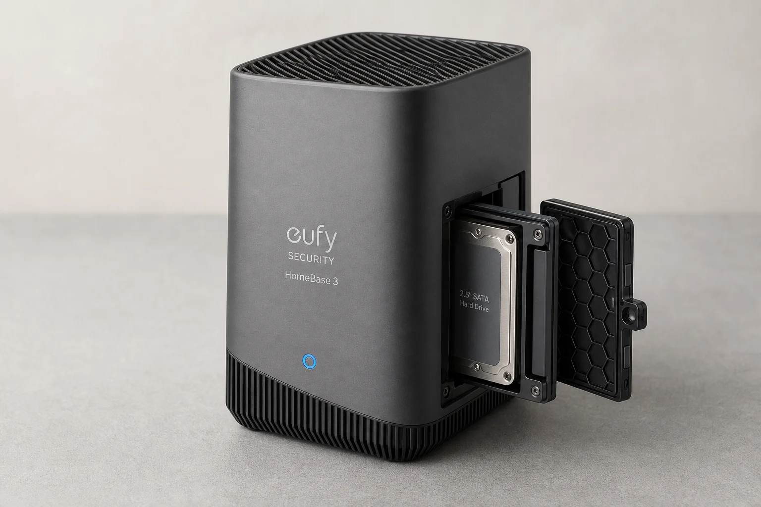 Eufy security camera system devices including HomeBase 3, doorbell, pan-tilt camera, and floodlight on concrete