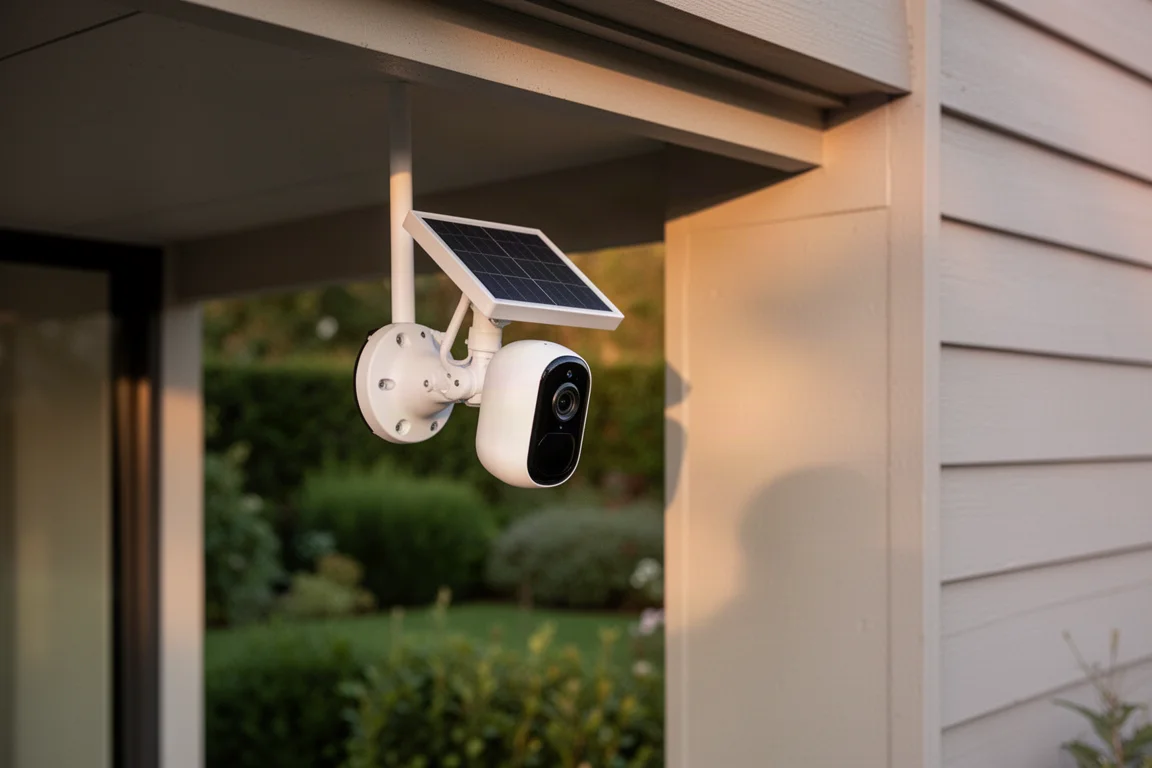 Caméra de surveillance sans fil fixée sous un avant-toit sur le côté d'une maison