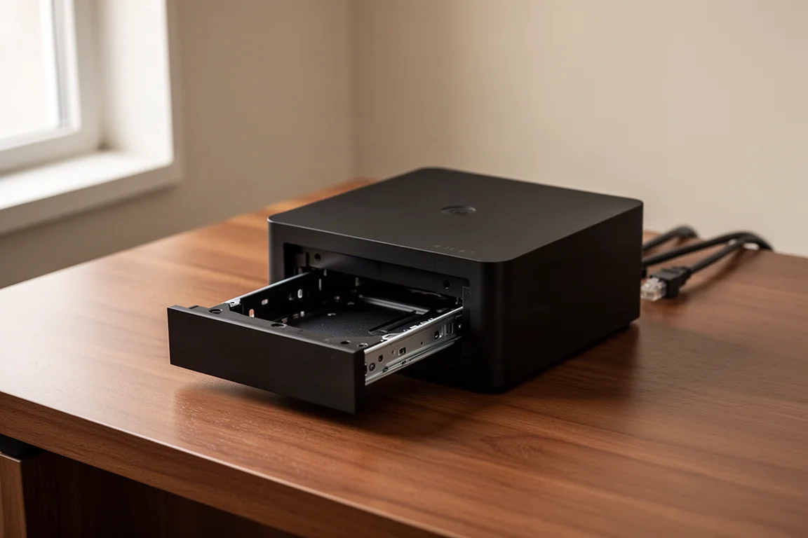 Petit boîtier central noir avec câble Ethernet et tiroir pour disque ouvert sur un bureau en bois