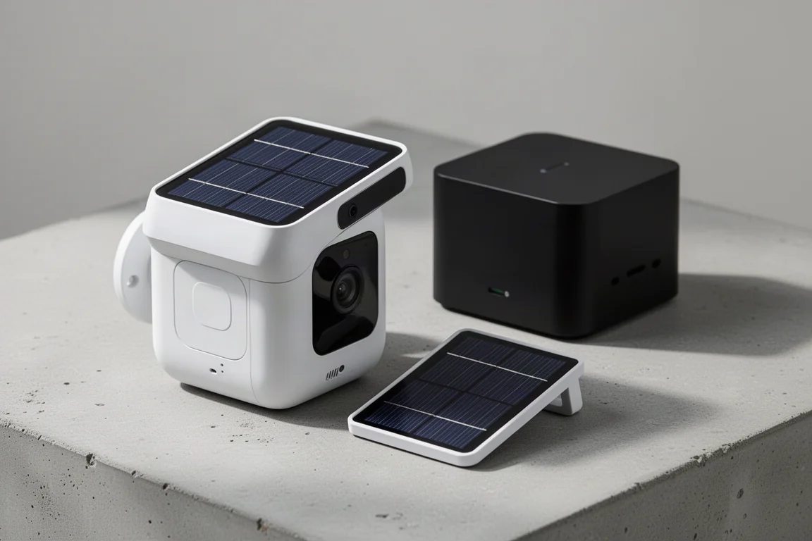 eufy S3 Pro camera with solar panels and HomeBase S380 hub on concrete surface