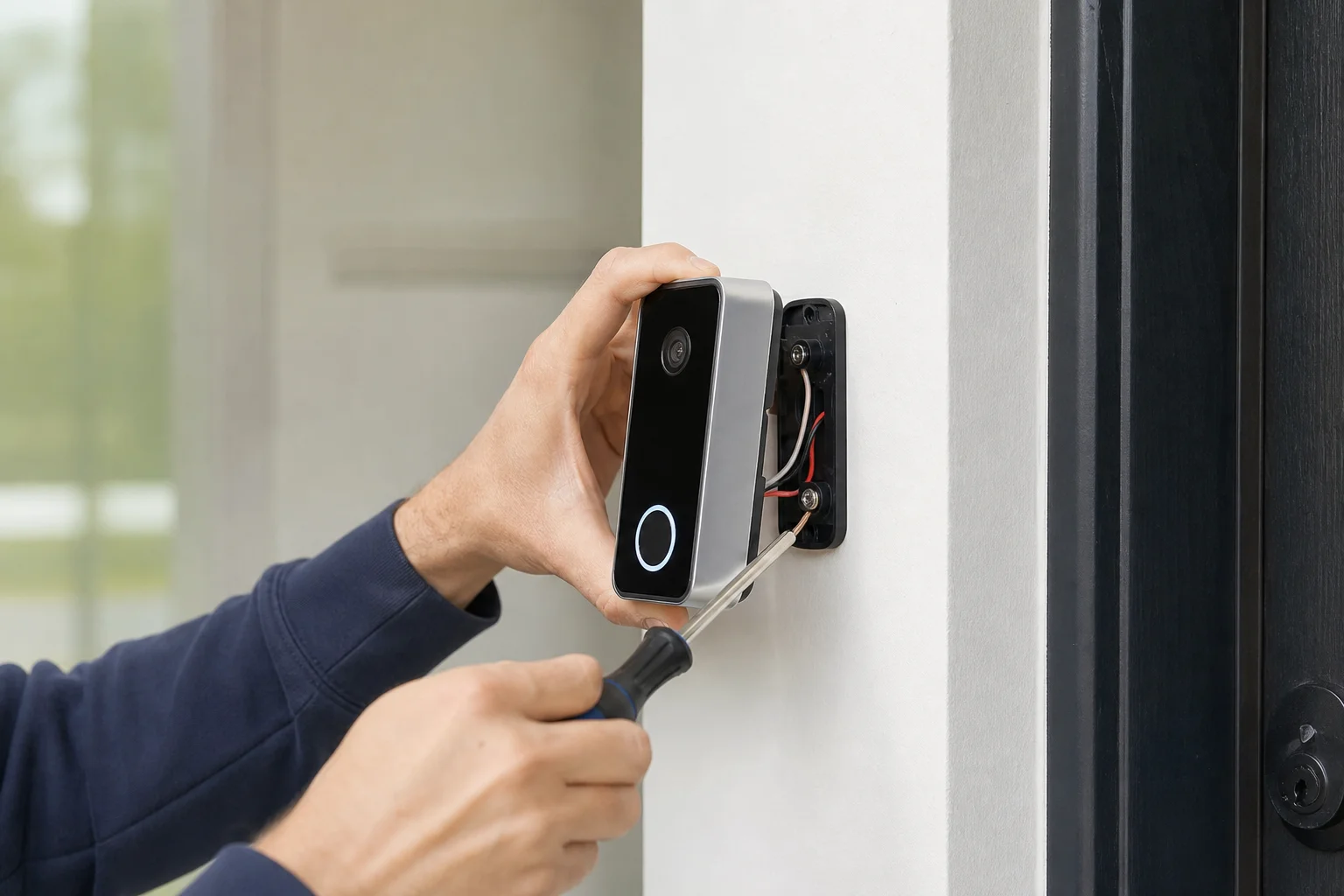 Hands installing wired doorbell camera on residential front door