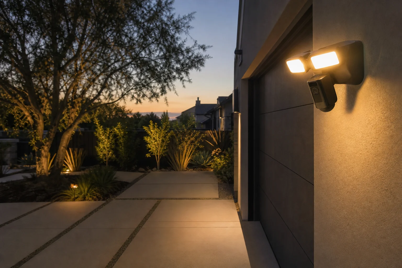 Outdoor driveway at dusk with motion-detecting floodlight camera mounted on wall