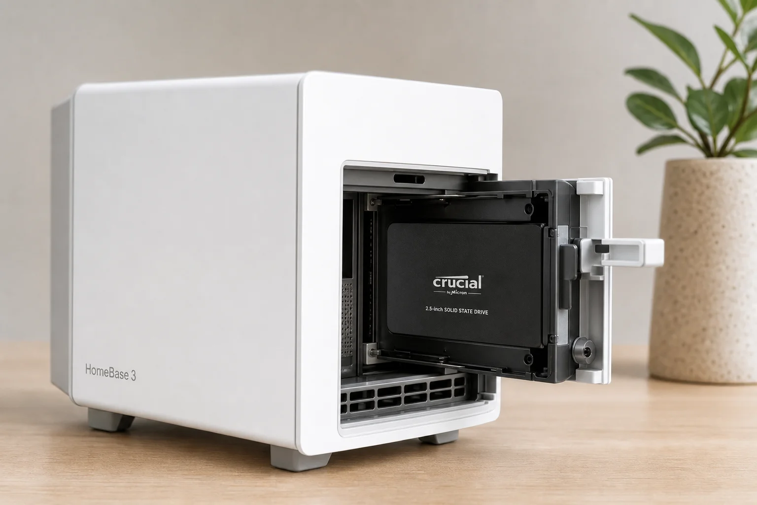 HomeBase 3 unit with open drive bay showing installed SSD storage
