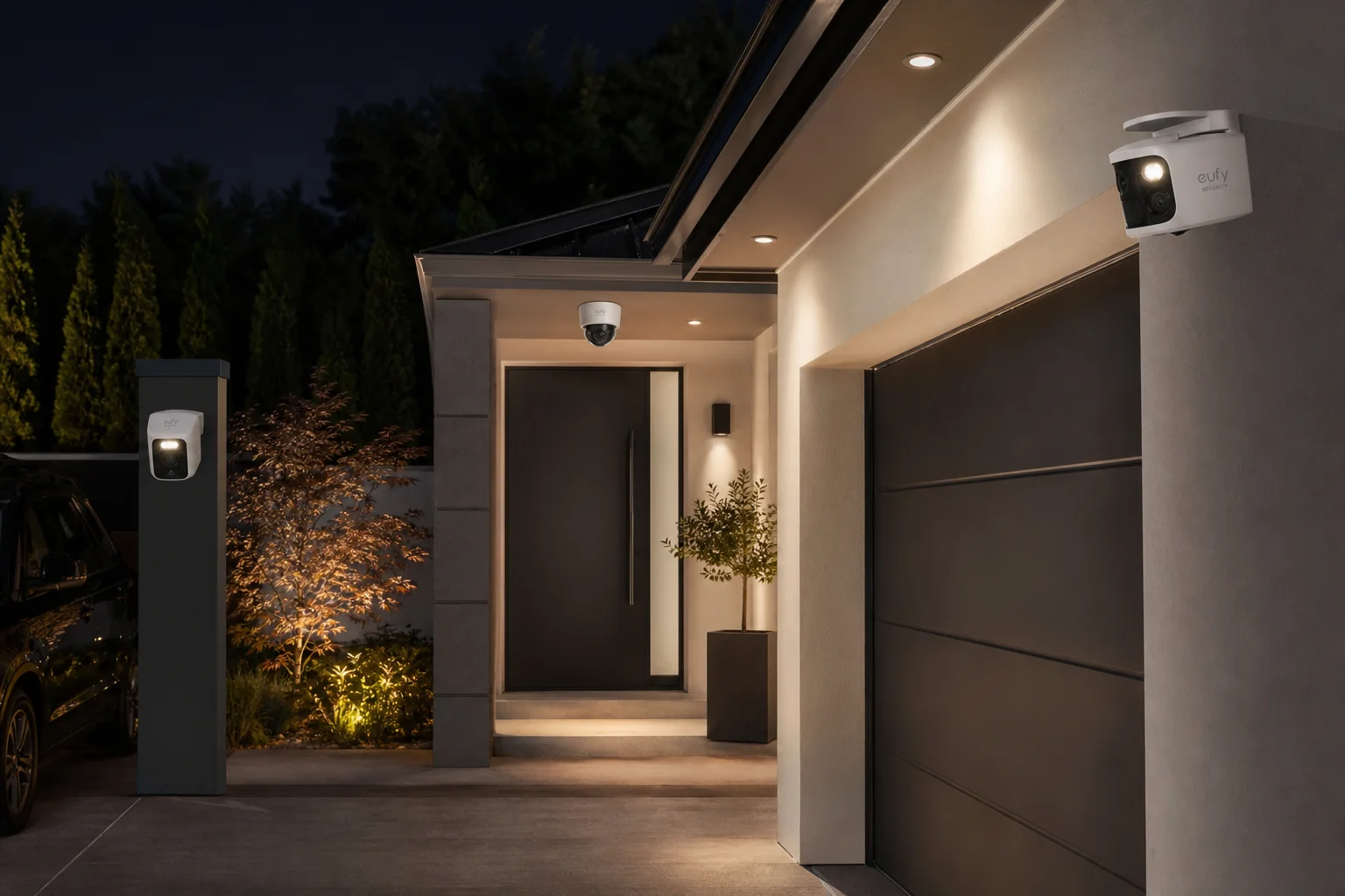 Residential front door and driveway monitored by multiple security cameras at night