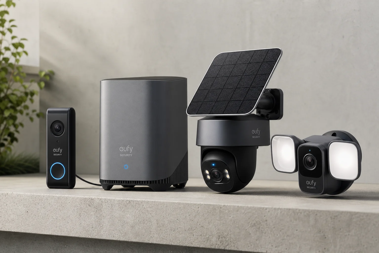 Eufy security camera system devices including HomeBase 3, doorbell, pan-tilt camera, and floodlight on concrete