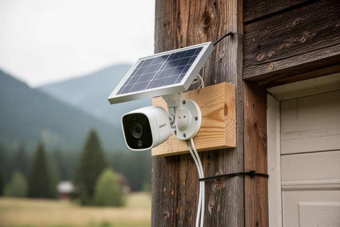 Cámara de seguridad y panel solar montados en una tabla de madera junto a un garaje