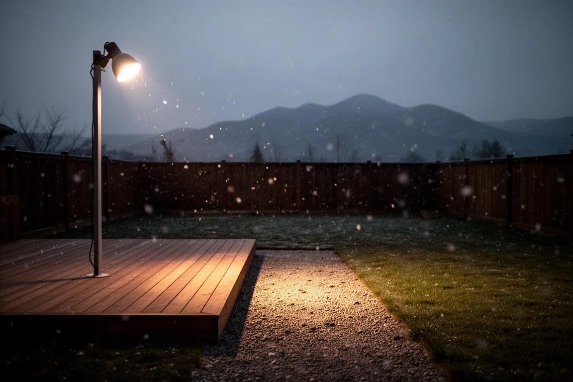 Patio trasero de noche iluminado por el foco de la cámara con una leve nevada