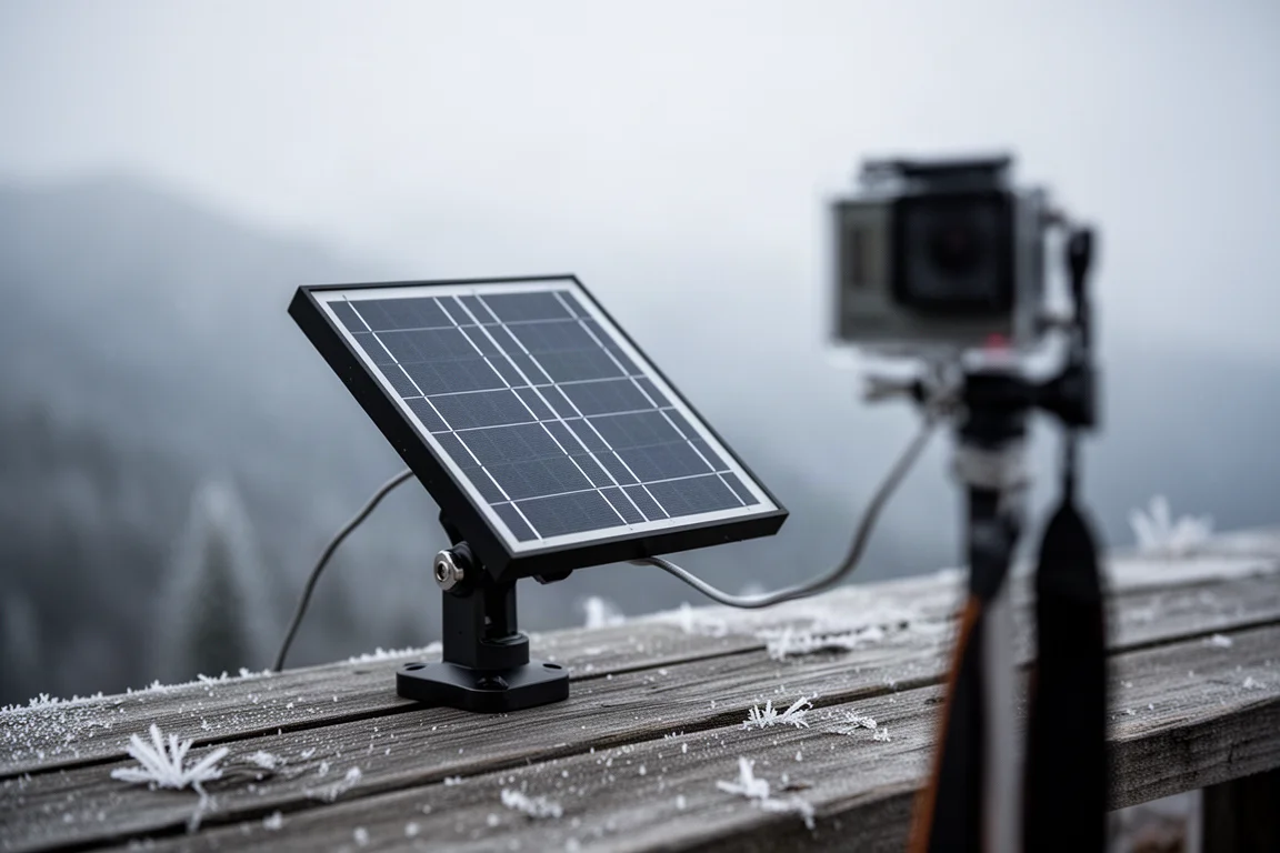 Panel solar inclinado hacia un cielo nublado en una fría mañana de montaña
