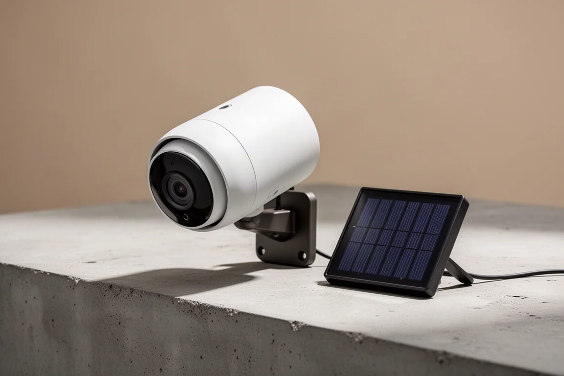 eufy SoloCam S330 security camera with solar panel on a concrete surface
