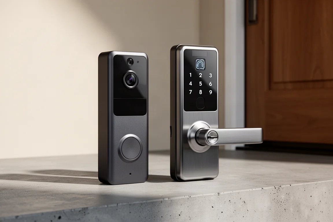 Smart video doorbell and keypad deadbolt arranged on a concrete surface