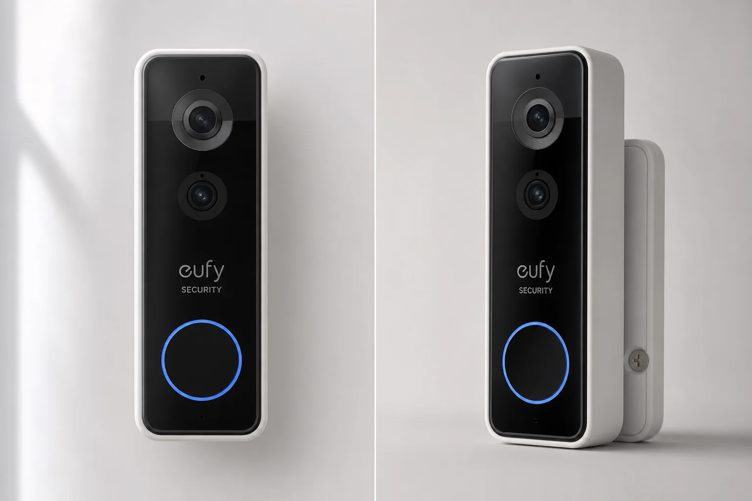 Eufy security camera system devices including HomeBase 3, doorbell, pan-tilt camera, and floodlight on concrete