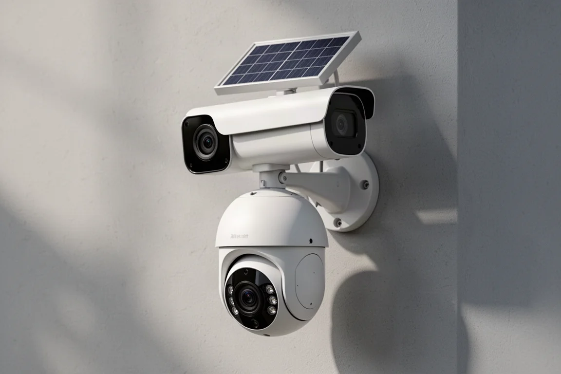 Hybrid two-part outdoor security camera with solar panel mounted on a grey wall
