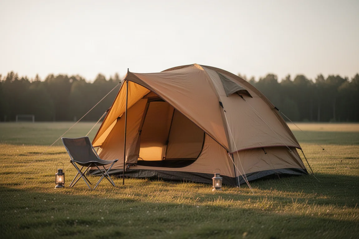Kabintält på en gräsbevuxen campingplats i gyllene timmen med en campingstol och lykta i närheten