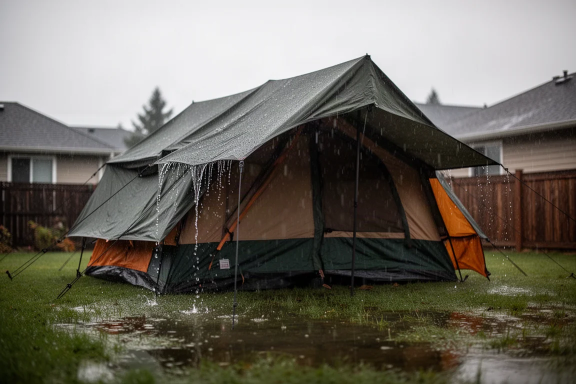 Regn som faller på ett kabintält på en gård med vatten som rinner av regnskyddet