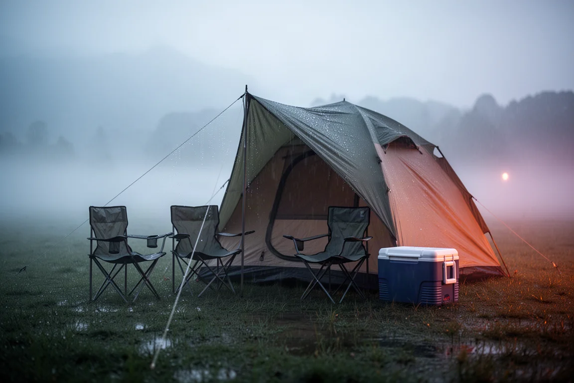 Tält täckt av regndroppar i gryningen på en dimmig campingplats med två tomma campingstolar