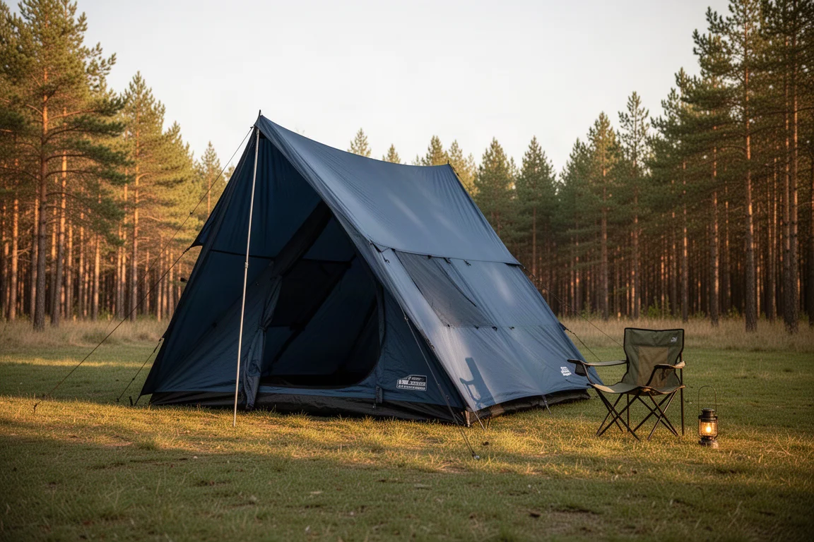 Large cabin camping tent with orange lower walls and a compact rainfly on a grassy clearing